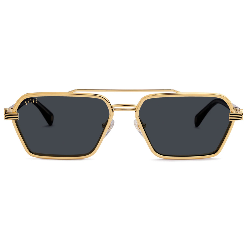 9FIVE Reigns Black & Gold sunglasses – front view, glossy black acetate frame with 24-carat gold-plated stainless steel accents
