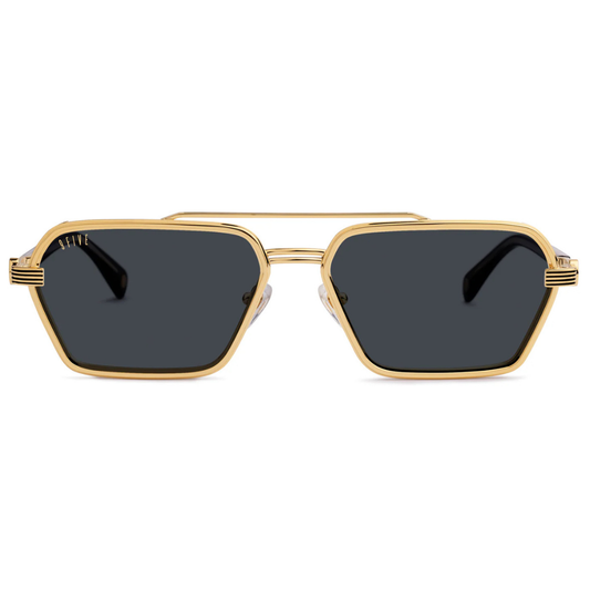 9FIVE Reigns Black & Gold sunglasses – front view, glossy black acetate frame with 24-carat gold-plated stainless steel accents
