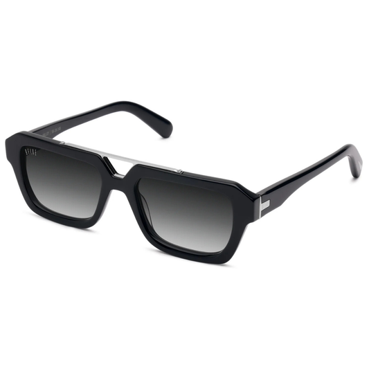 9FIVE Valley side view – platinum-plated temple details with laser etched 9FIVE signature logo on black acetate
