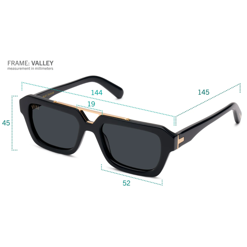 9FIVE Valley close-up – platinum-plated stainless steel bridge inlay detail on black acetate frame
