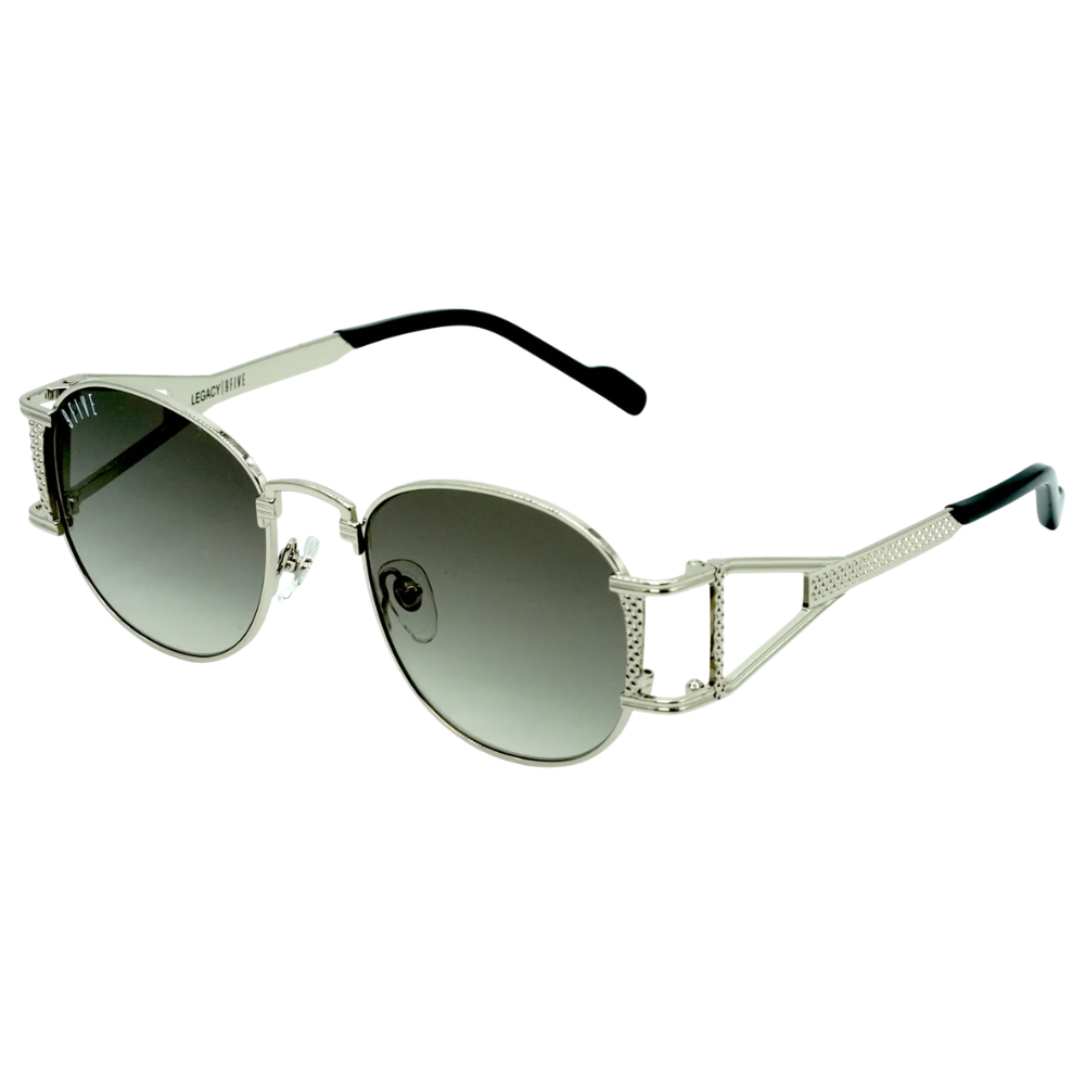 9FIVE Legacy Platinum side view – diamond-engraved pattern on outer temple, platinum-plated stainless steel details
