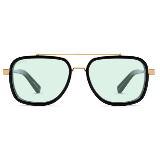 9FIVE Crowns Black & Gold Jade sunglasses – front view, triple-polished Italian black acetate with 24-carat gold-plated metal frame
