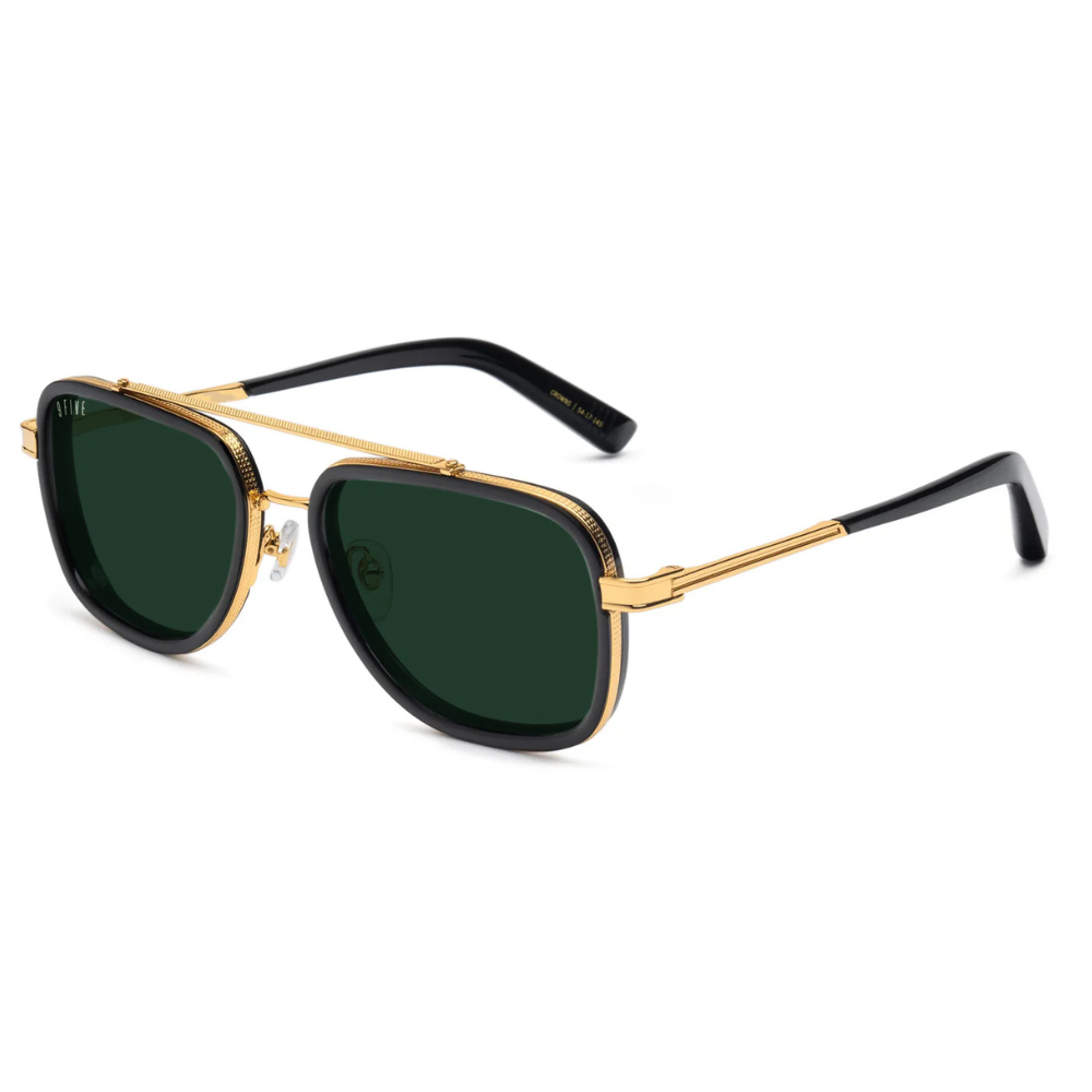 9FIVE Crowns side view – 24k gold-plated metal temple on jet black Italian acetate, luxury handcrafted eyewear
