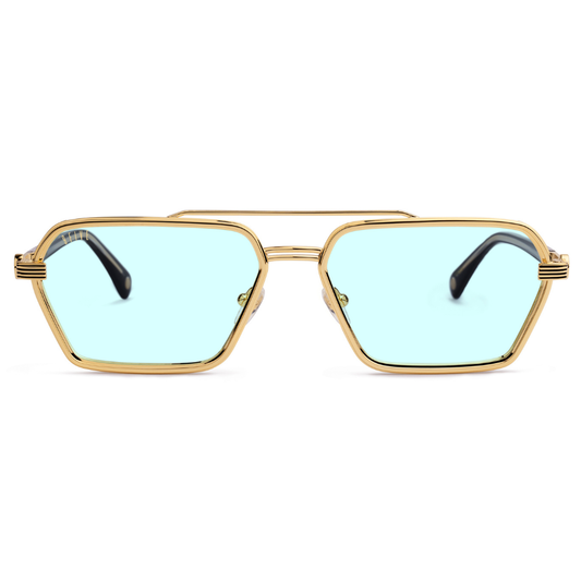 9FIVE Reigns Black & Gold Blue Photochromic sunglasses – front view, glossy black acetate frame with 24-carat gold-plated stainless steel accents
