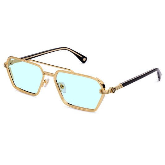 9FIVE Reigns side view – integrated 9FIVE signature logo on glossy black temple, 24k gold-plated construction
