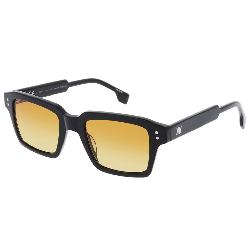 EKKIU KT22701 black square acetate sunglasses – side profile showing squared geometry and amber lens detail
