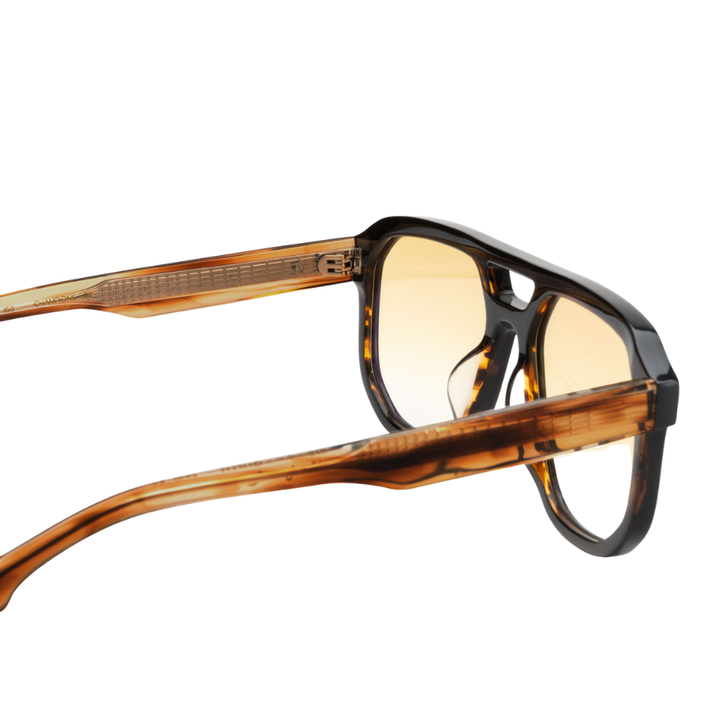 Woodys x Queen Champions 02 sunglasses – detail of authentic vinyl front and ZEISS solar lenses

