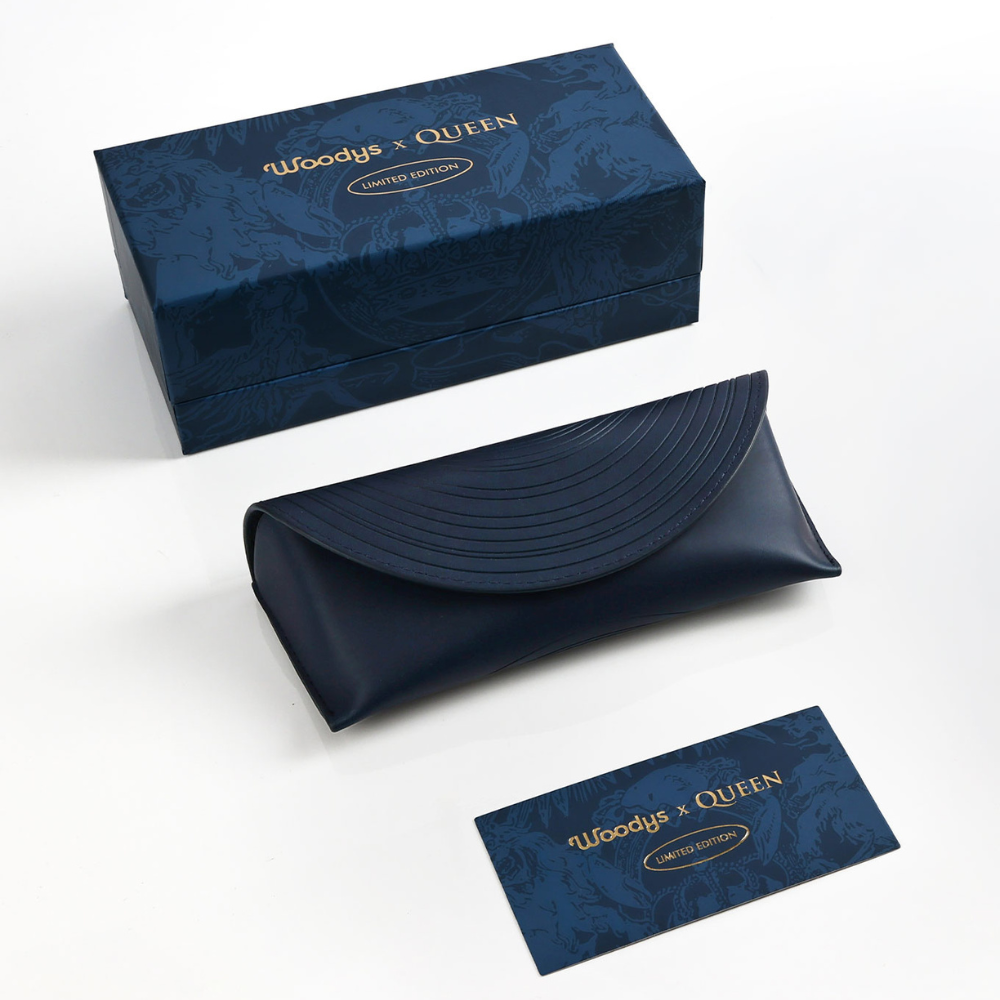 Woodys x Queen Champions 02 limited edition sunglasses – side profile showing double bridge silhouette and temple detail

