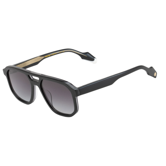 Woodys x Queen Champions C1 sunglasses – three-quarter view showing guitar-engraved metal core and laminated end-pieces

