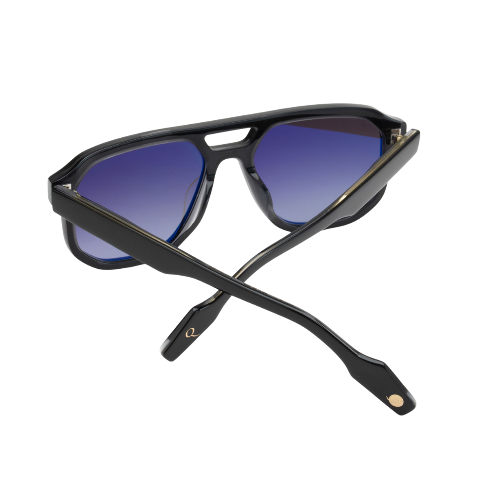 Woodys x Queen Champions C1 sunglasses – detail of authentic vinyl front and ZEISS solar lenses
