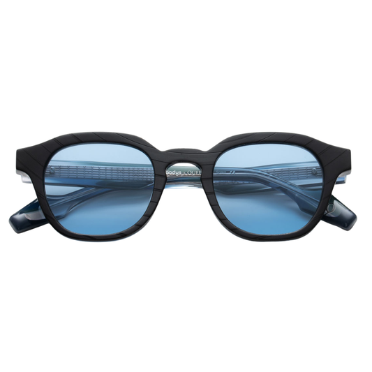 Woodys x Queen Dust C02 limited edition round sunglasses with vinyl front and angular silhouette – front view
