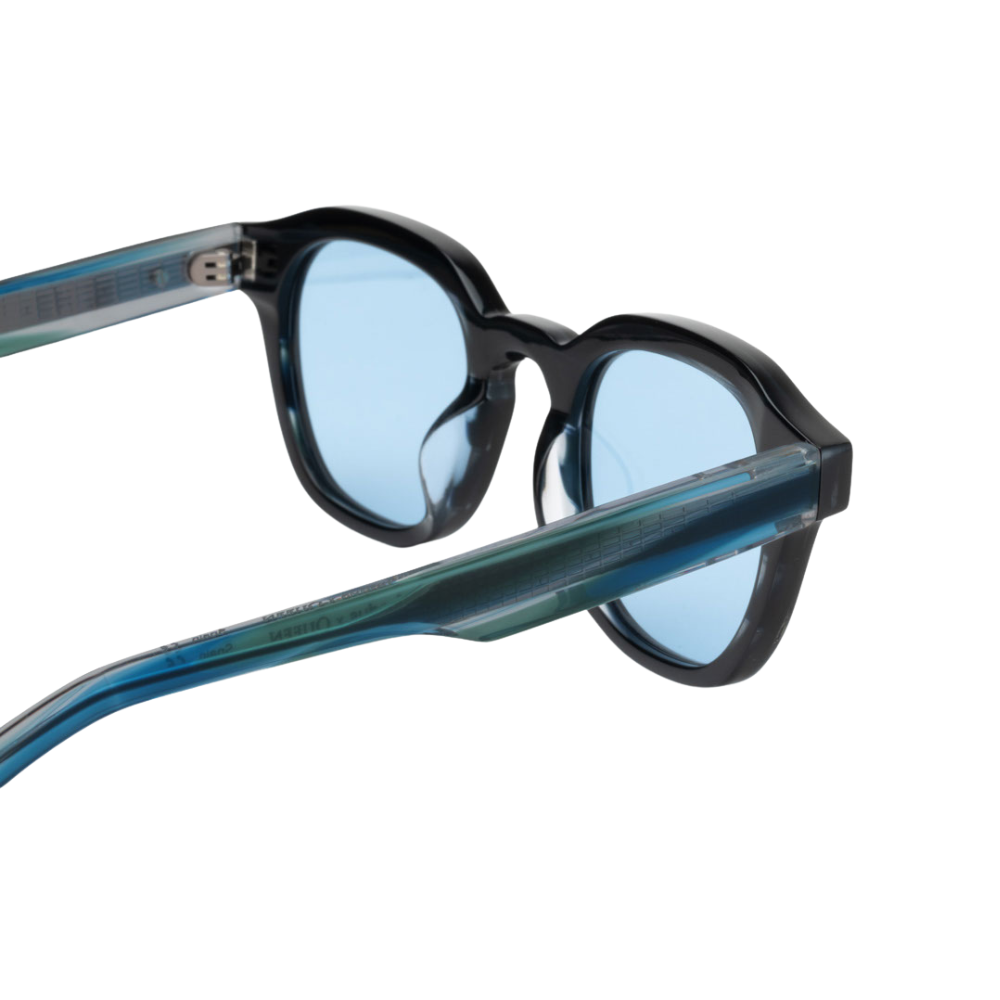 Woodys x Queen Dust C02 sunglasses – detail of authentic vinyl front and ZEISS solar lenses
