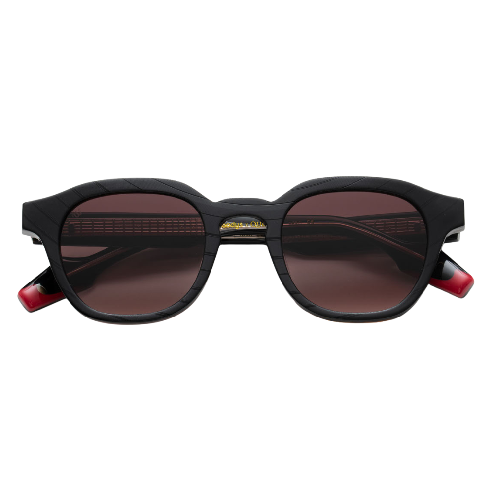 Woodys x Queen Dust C1 limited edition round sunglasses with vinyl front and angular silhouette – front view
