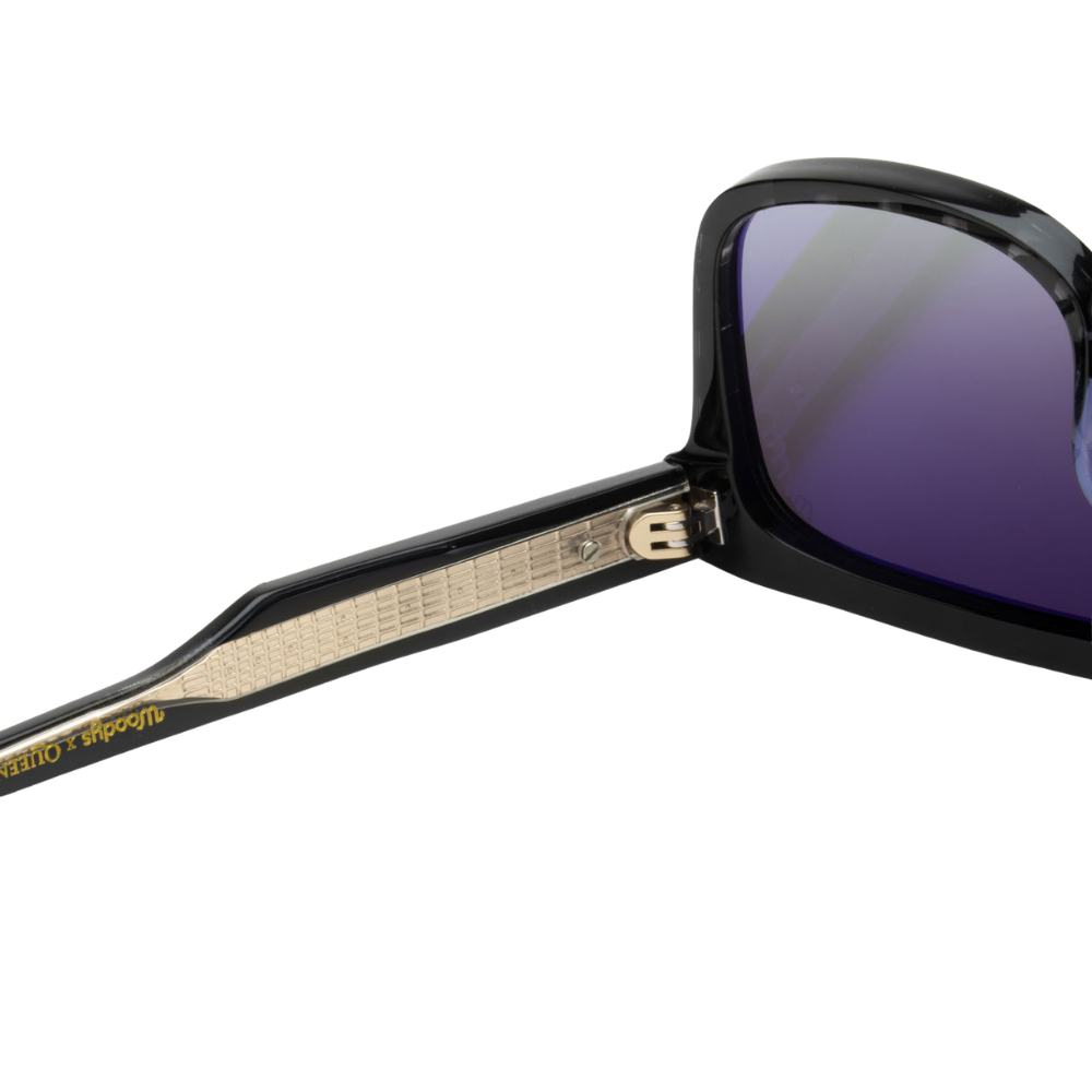 Woodys x Queen Rock C01 sunglasses – detail of authentic vinyl front and ZEISS solar lenses
