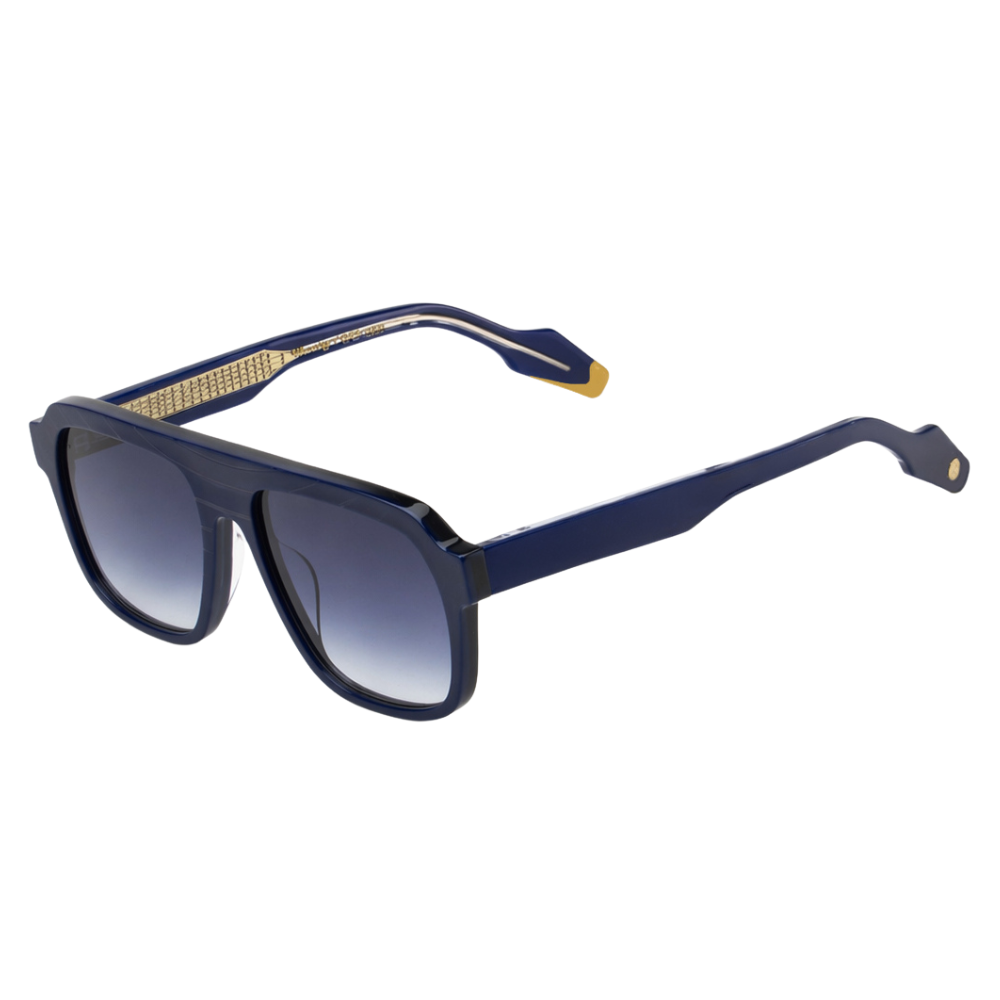 Woodys x Queen Bohemian C02 sunglasses – three-quarter view showing guitar-engraved metal core and laminated end-pieces
