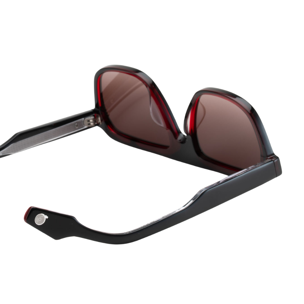 Woodys x Queen Bohemian C01 sunglasses – detail of authentic vinyl front and ZEISS solar lenses
