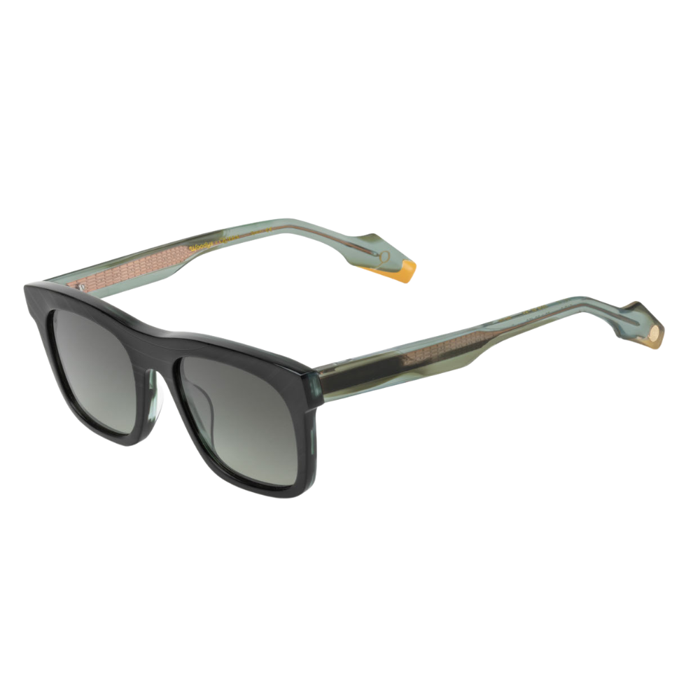 Woodys x Queen Show C02 sunglasses – three-quarter view showing guitar-engraved metal core and laminated end-pieces
