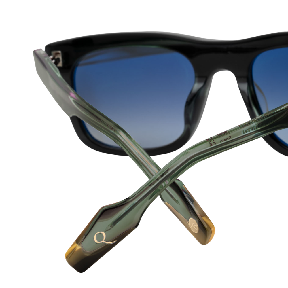 Woodys x Queen Show C02 sunglasses – detail of authentic vinyl front and ZEISS solar lenses
