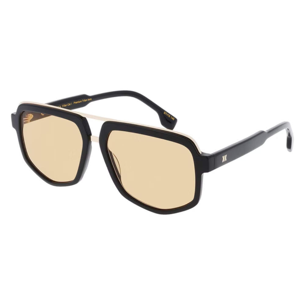 EKKIU KT12703 — Swiss black acetate eyewear frame with light amber filter lens, side view
