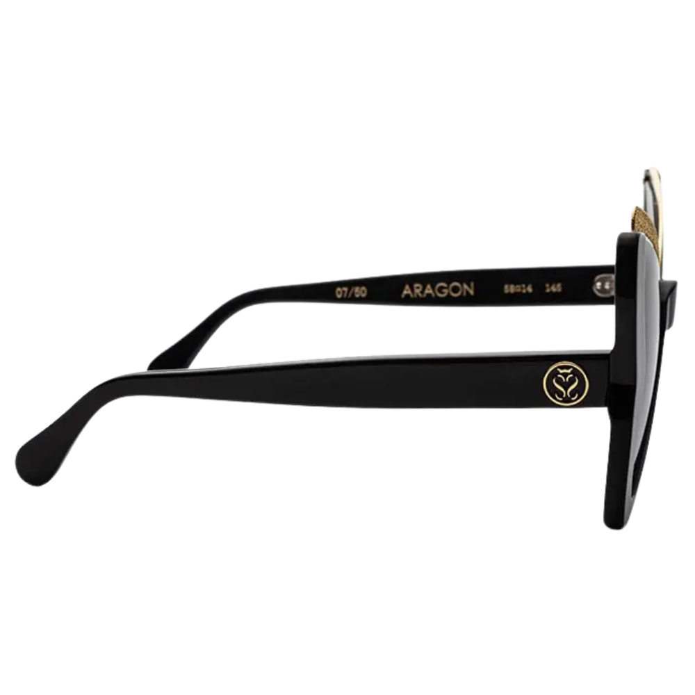 Stupor Mundi Aragon sunglasses front view – pure white lab-grown micro-diamonds 3 carats on 18k yellow gold plated stainless steel

