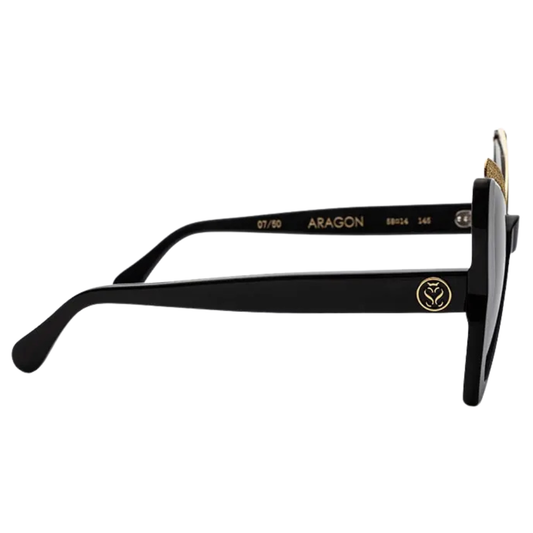 Stupor Mundi Aragon sunglasses front view – pure white lab-grown micro-diamonds 3 carats on 18k yellow gold plated stainless steel

