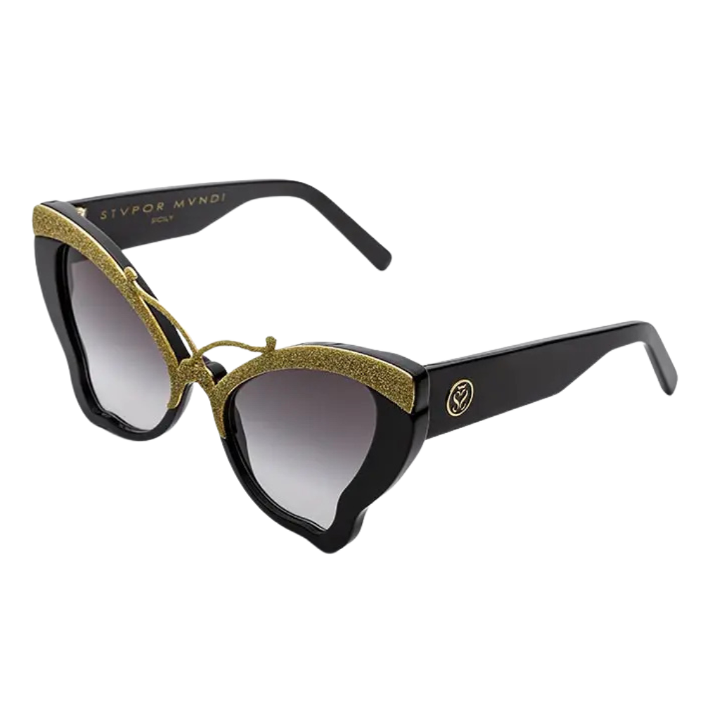 Stupor Mundi Lois side view – 24k gold plated seven-barrel hinges, M49 bio acetate temples, black enamel logo

