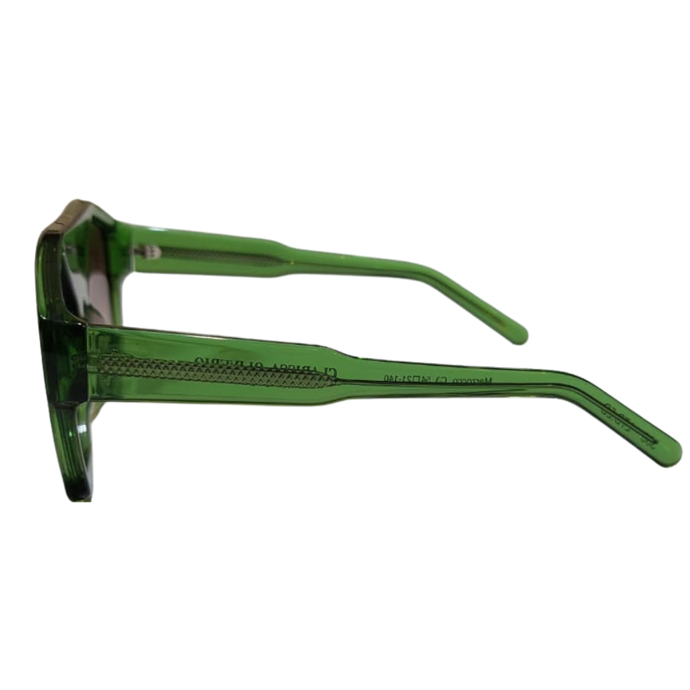 Side profile of Clarissa Oliverio Marzocco Green frames – premium Italian green acetate with exotic leather inlay
