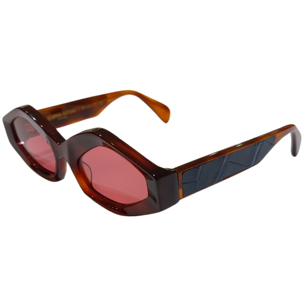 Side profile of Clarissa Oliverio Roma frames – premium Italian acetate with exotic crocodile leather inlay

