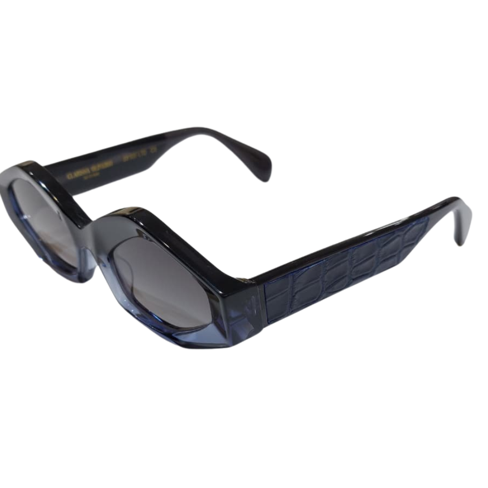 Side profile of Clarissa Oliverio Roma frames – premium Italian acetate with exotic crocodile leather inlay
