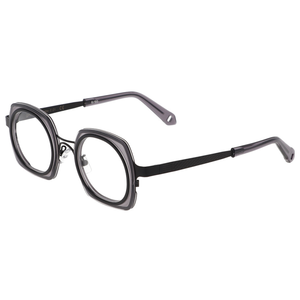 GOOD'S Taschino C C1 — Limited edition dual-geometry optical frame in matte black bio-acetate and black stainless steel, three-quarter side view showing the tie-shaped temple with thimble detail and grey acetate tip, handmade in Italy
