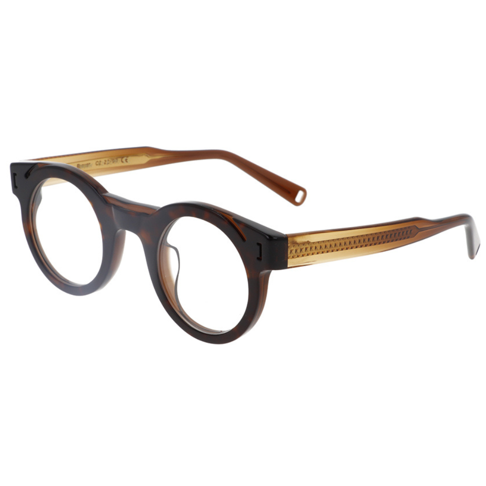 GOOD'S Breuer C2 Havana Special — Limited edition pantòs optical frame in havana tortoiseshell bio-acetate with amber gradient oar temples, three-quarter view showing the Bauhaus-inspired rounded silhouette, handmade in Italy
