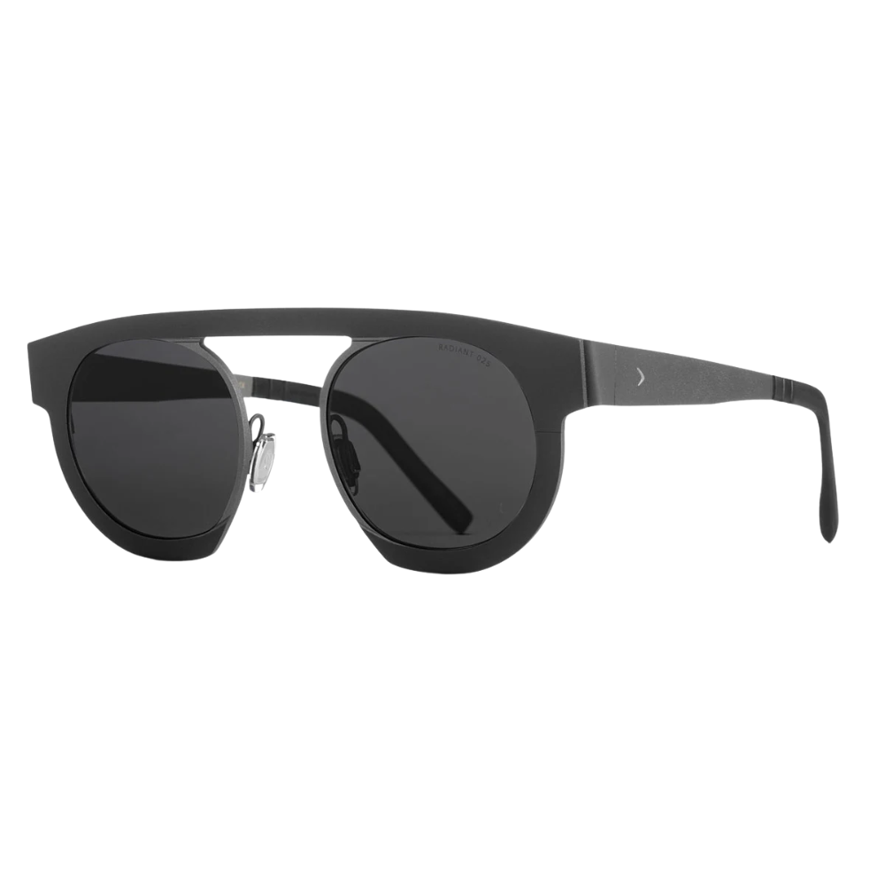 Blackfin Zen BF977 titanium sunglasses in Black and Gunmetal Gray, diagonal front view
