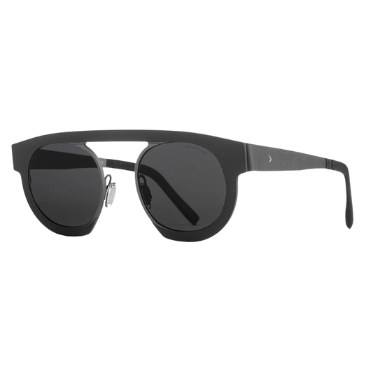 Blackfin Zen BF977 titanium sunglasses in Black and Gunmetal Gray, diagonal front view
