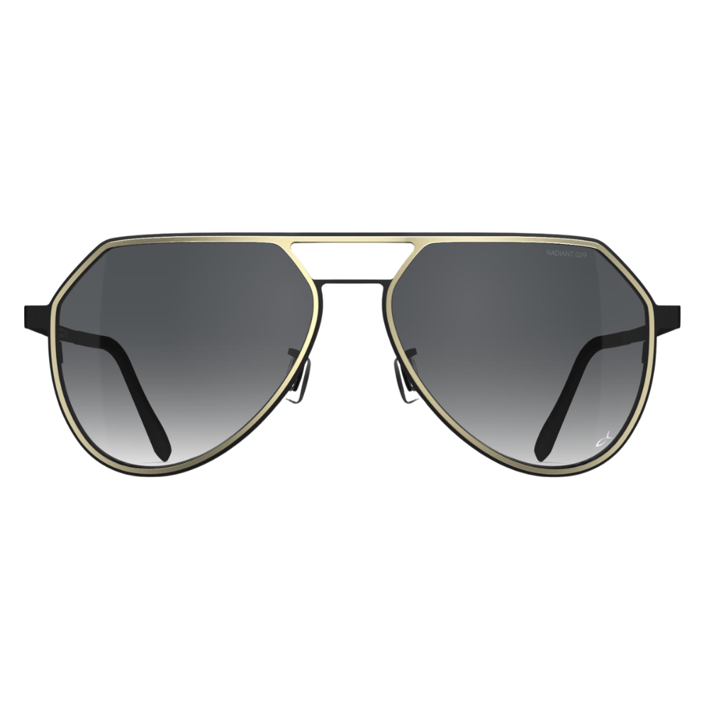 Blackfin Thunder Bay BF1095 titanium sunglasses in Satin Light Gold and Blackfin Black with gradient grey lenses, front view
