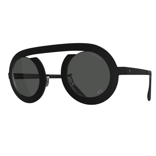 Blackfin ARC-R BF1097 black titanium sunglasses with ultra-flexible temples and solid smoke lenses, diagonal view
