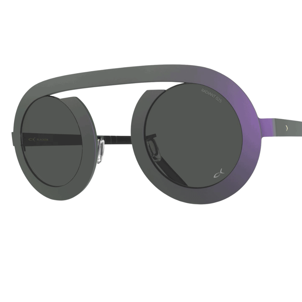 Blackfin ARC-R BF1097 Iridescent Gray–Lilac titanium sunglasses with ultra-flexible temples, diagonal view
