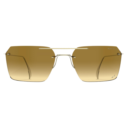 Blackfin Infinity B5-P3 BF1109 rimless titanium sunglasses in Brushed Light Gold with light brown gradient lenses, front view
