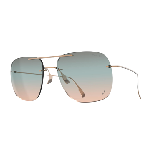 Blackfin Infinity B6-P4 BF1110 rimless titanium sunglasses with gradient green lenses and ultra-flexible temples, diagonal view
