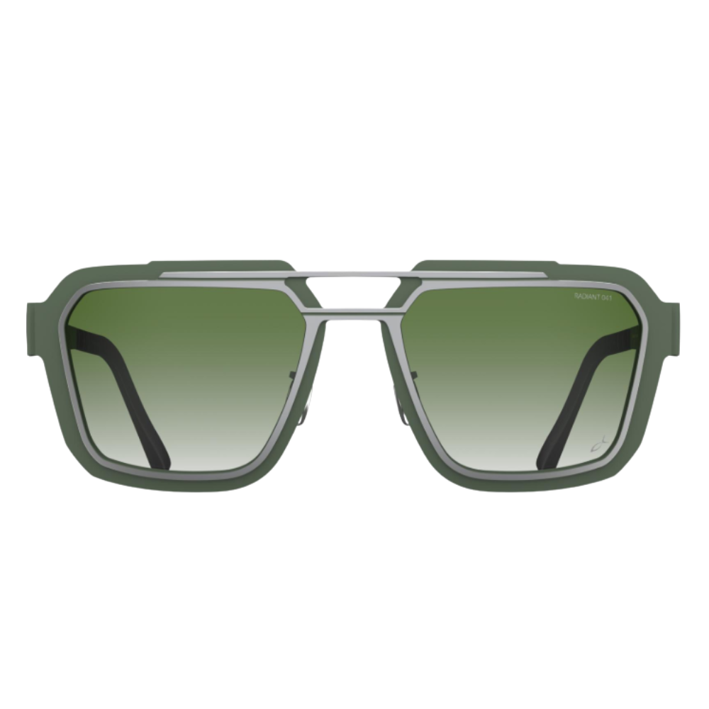 Blackfin Iron Harbor BF1123 titanium sunglasses with a Satin Silver front, Avocado Green details and light green gradient lenses
