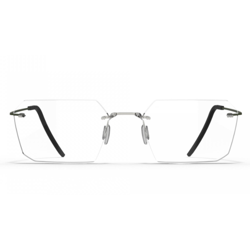 Blackfin Aero Loop BF1069 rimless titanium eyeglass frame with Army Dark Green temples and Shiny Silver bridge
