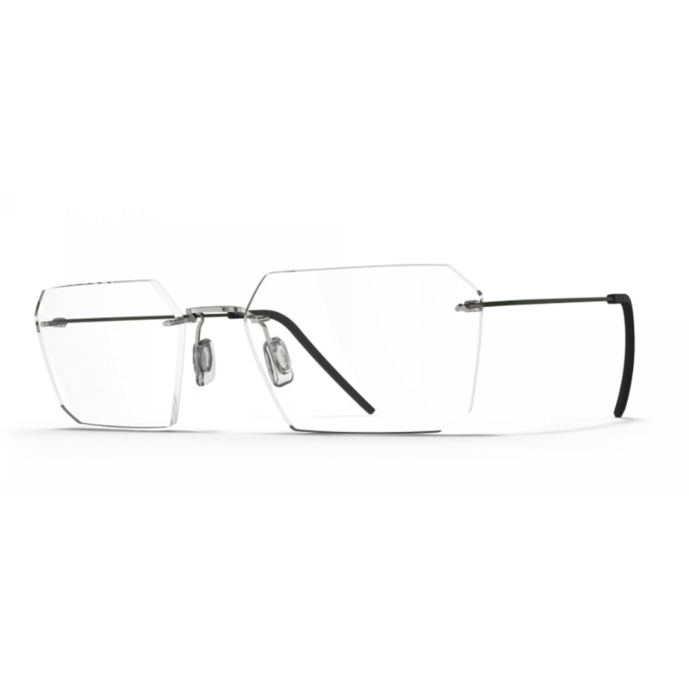 Blackfin Aero Loop BF1069 titanium optical frame with patented rimless lens connection and flexible green temples
