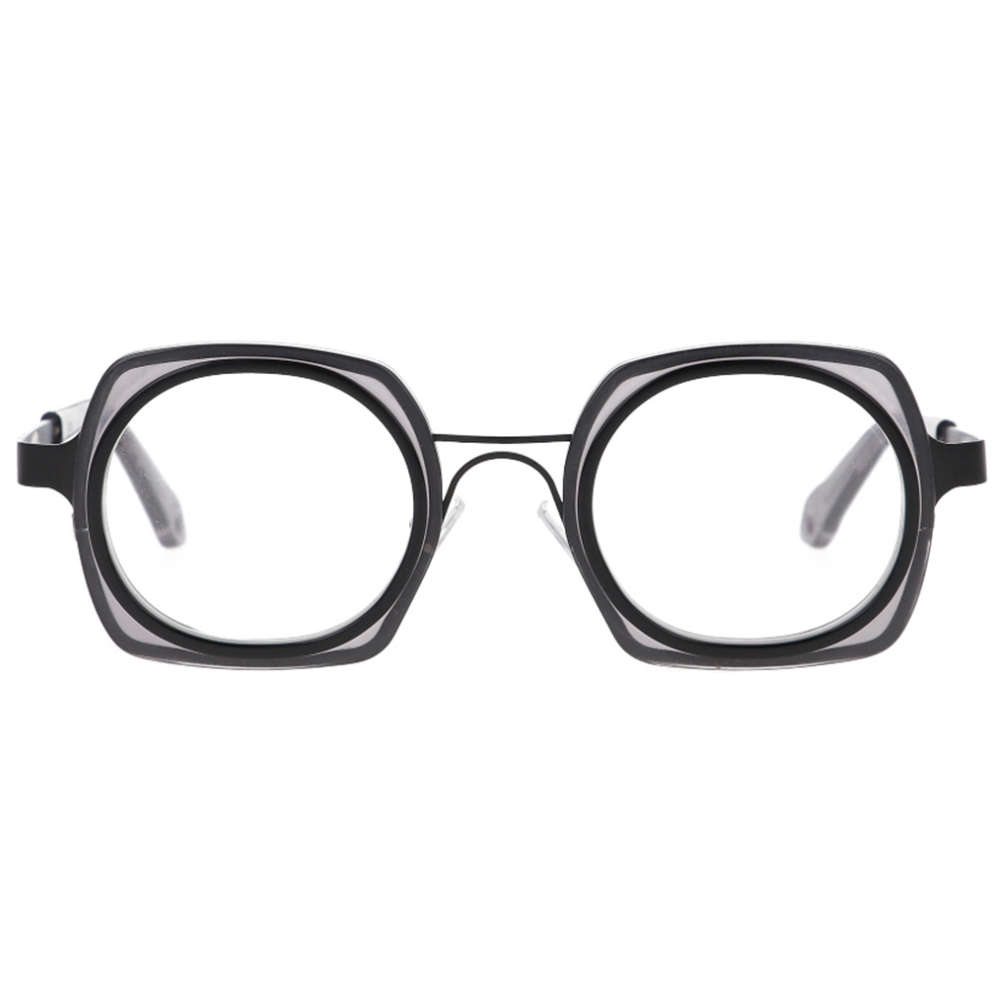 GOOD'S Taschino C C1 — Limited edition dual-geometry optical frame in matte black bio-acetate and black stainless steel, three-quarter side view showing the tie-shaped temple with thimble detail and grey acetate tip, handmade in Italy
