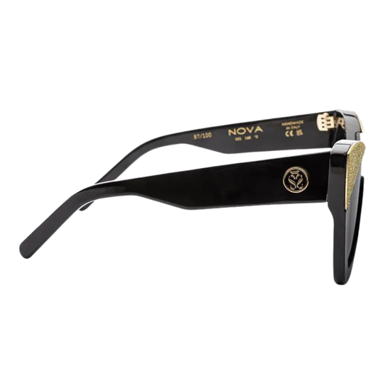 Stupor Mundi Nova sunglasses side view – 24k gold plated seven-barrel hinges, M49 bio acetate temples, black enamel logo


