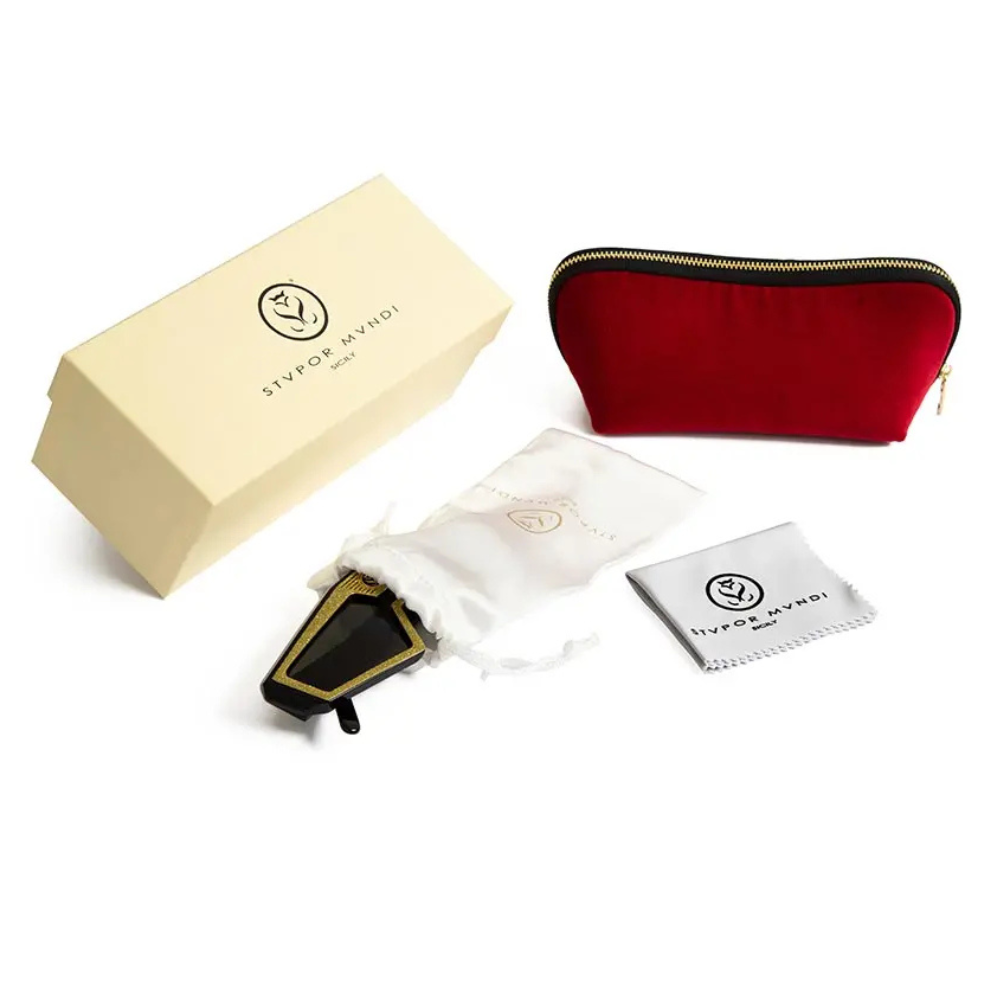 Stupor Mundi Roger II packaging – silk satin pouch and cotton velvet pochette handcrafted in Tuscany, plastic-free Made in Italy

