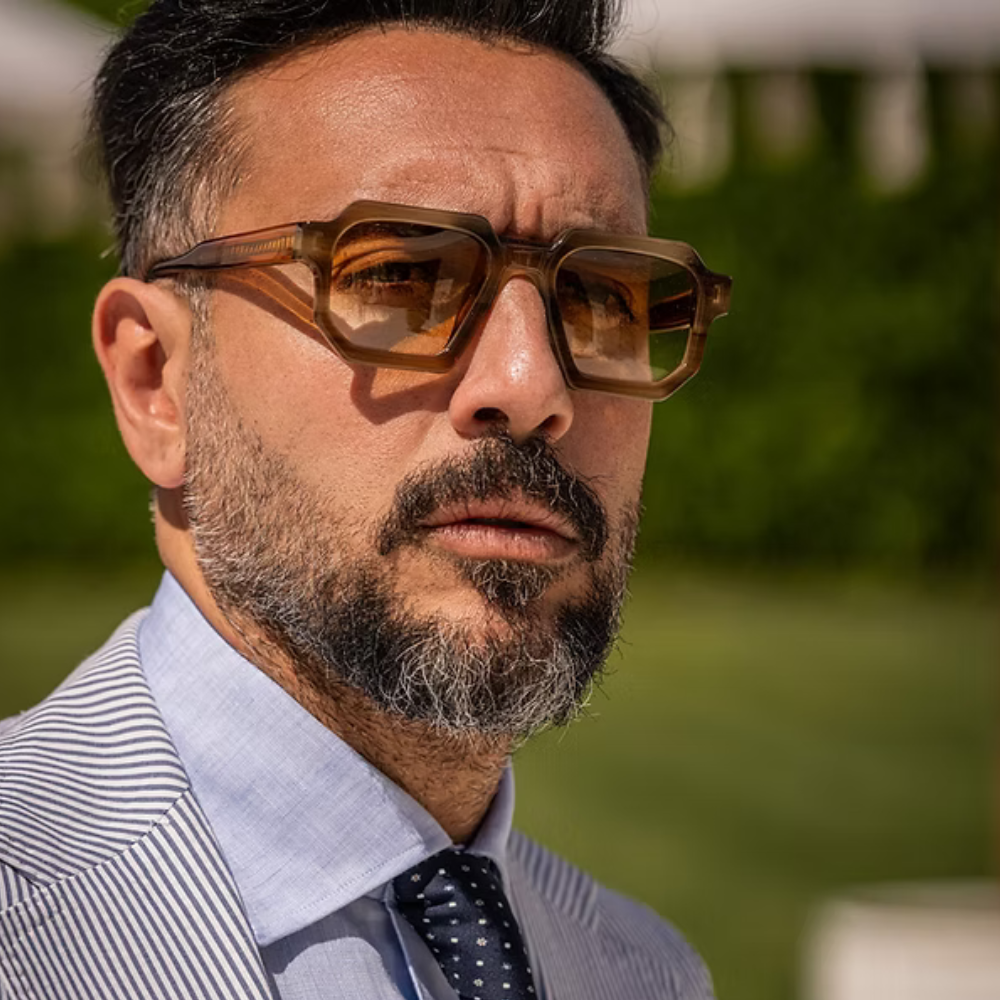 ETERNO NAPOLI Di Giorgio Limited Edition – side view of havana brown bio acetate frames, gradient yellow lens GE001, polygonal geometric front design, 60 handcrafted steps, made in Italy
