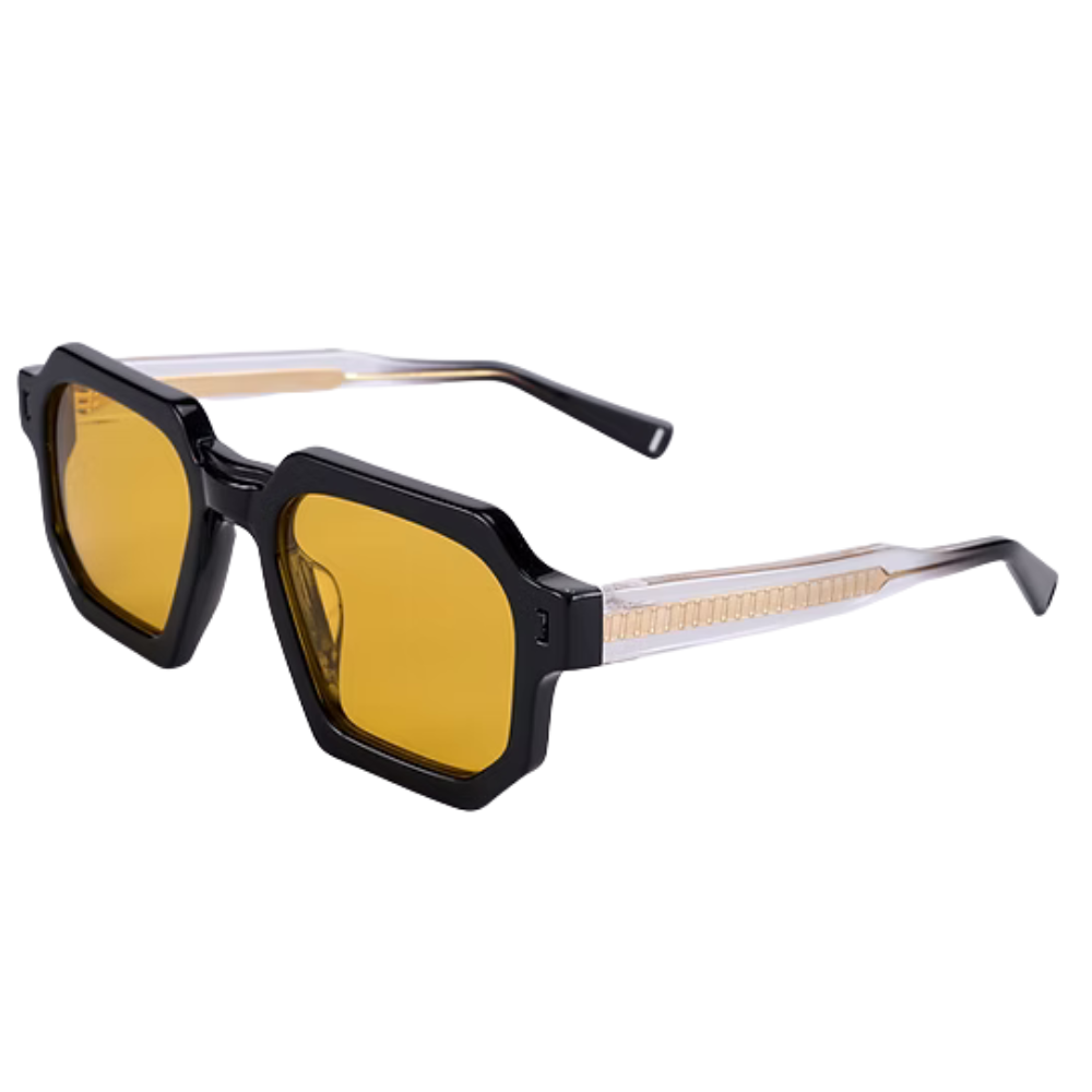ETERNO NAPOLI Di Giorgio Limited Edition – close-up of "oar" temple in black Mazzucchelli M49 bio acetate, golden soul with custom 3D mould, inspired by Francesco di Giorgio Martini's architectural work, handmade in Italy
