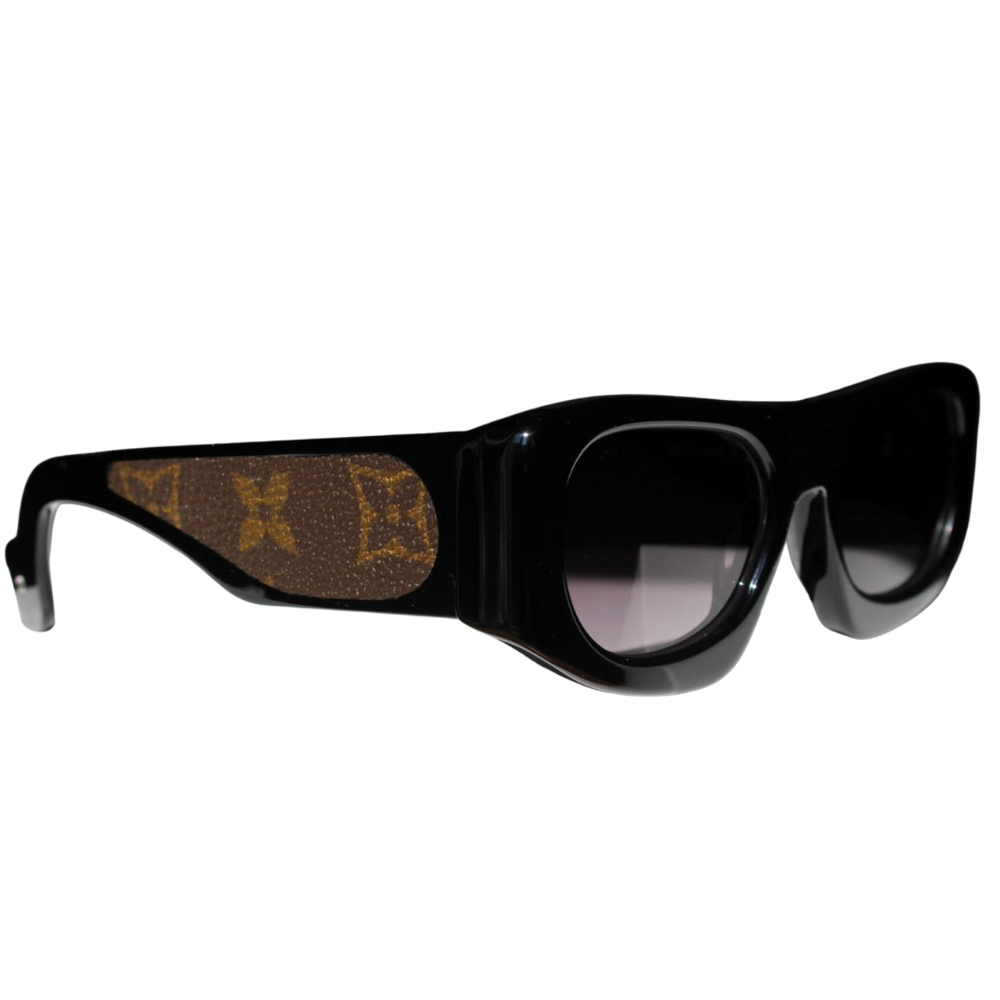 Close-up of original certified Louis Vuitton monogram leather inlay on Clarissa Oliverio acetate frame
