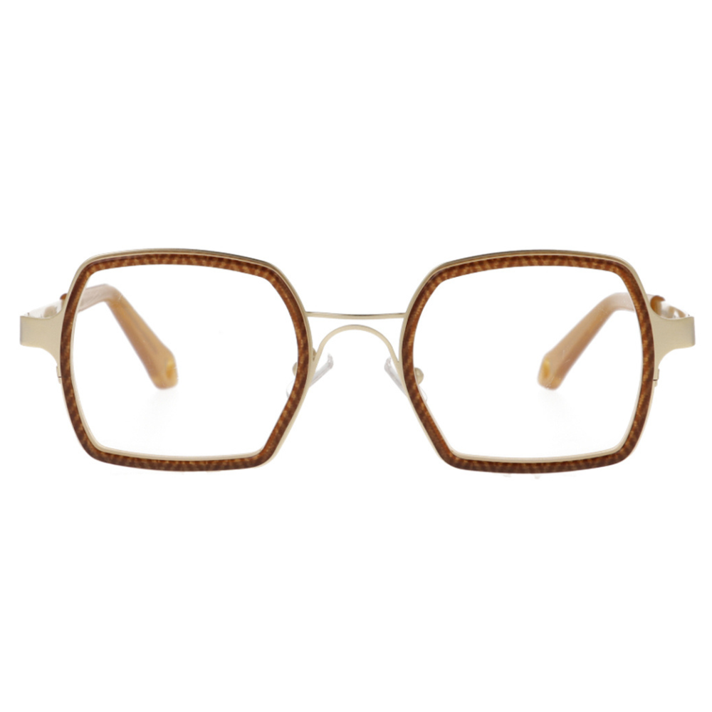 GOOD'S Taschino A C6 — Handmade bio-acetate optical frame, rectangular shape with gold stainless steel structure and warm brown Mazzucchelli M49 acetate lens rim, front view
