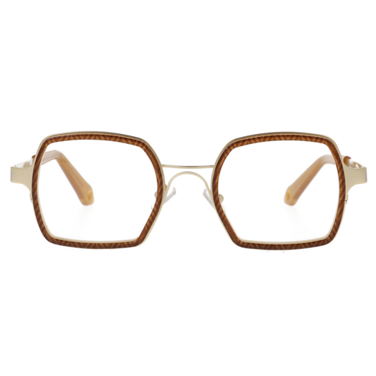 GOOD'S Taschino A C6 — Handmade bio-acetate optical frame, rectangular shape with gold stainless steel structure and warm brown Mazzucchelli M49 acetate lens rim, front view
