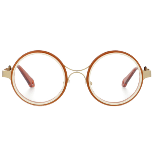 GOOD'S Bottone B C7 — Handmade round optical frame in warm terracotta Mazzucchelli M49 bio-acetate with gold stainless steel structure, circular button-inspired design,
